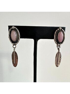 Southwestern Sterling Silver Pink Conch Shell Feather Drop Dangle Earrings 2"